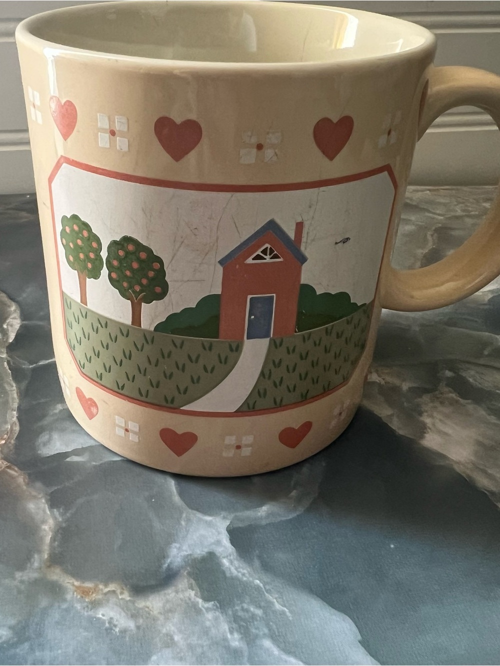 Vintage Beige Mug with Red House and Green Trees